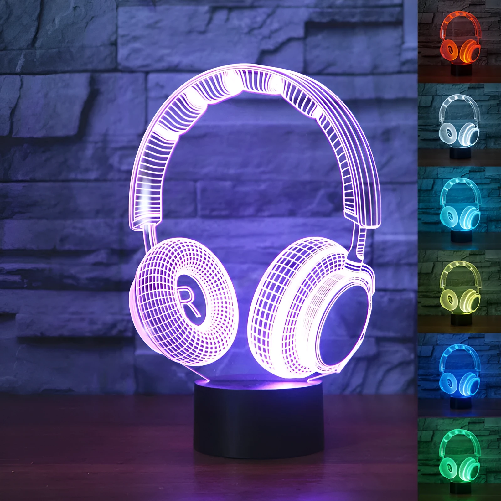 Stereo earphone illusion decorative table lamp with acrylic shade, LED light, and USB cable