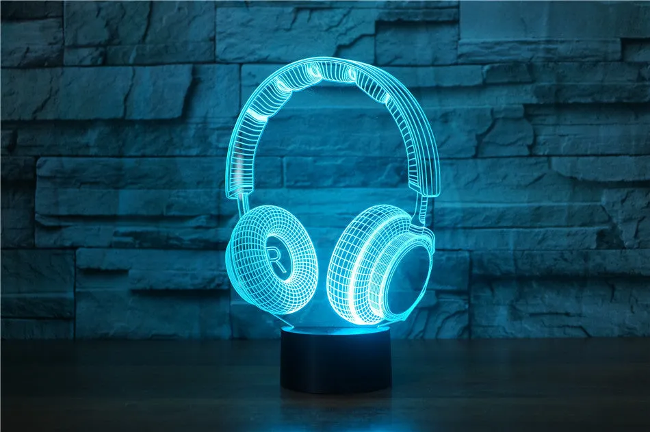 Stereo earphone illusion decorative table lamp with acrylic shade, LED light, and USB cable