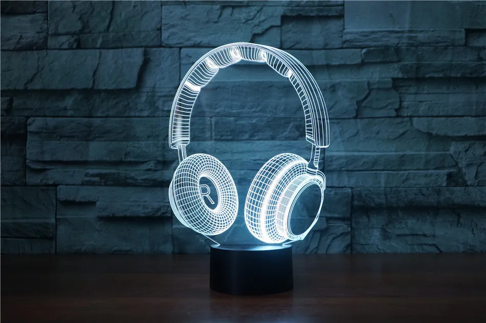 Stereo earphone illusion decorative table lamp with acrylic shade, LED light, and USB cable