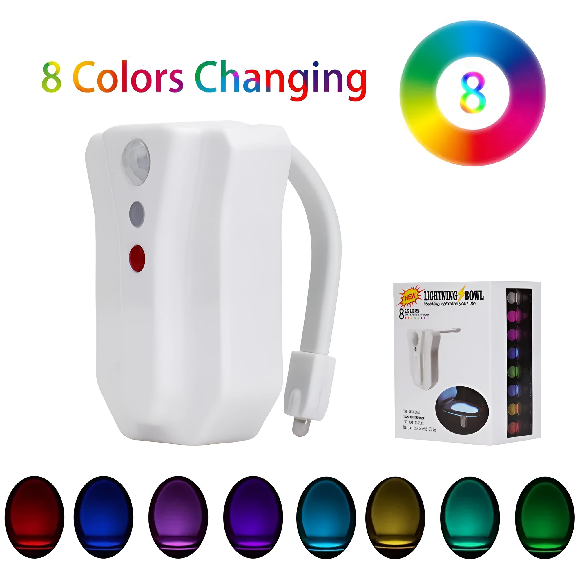 8-color LED toilet light with motion sensor and flexible stick for toilet bowl