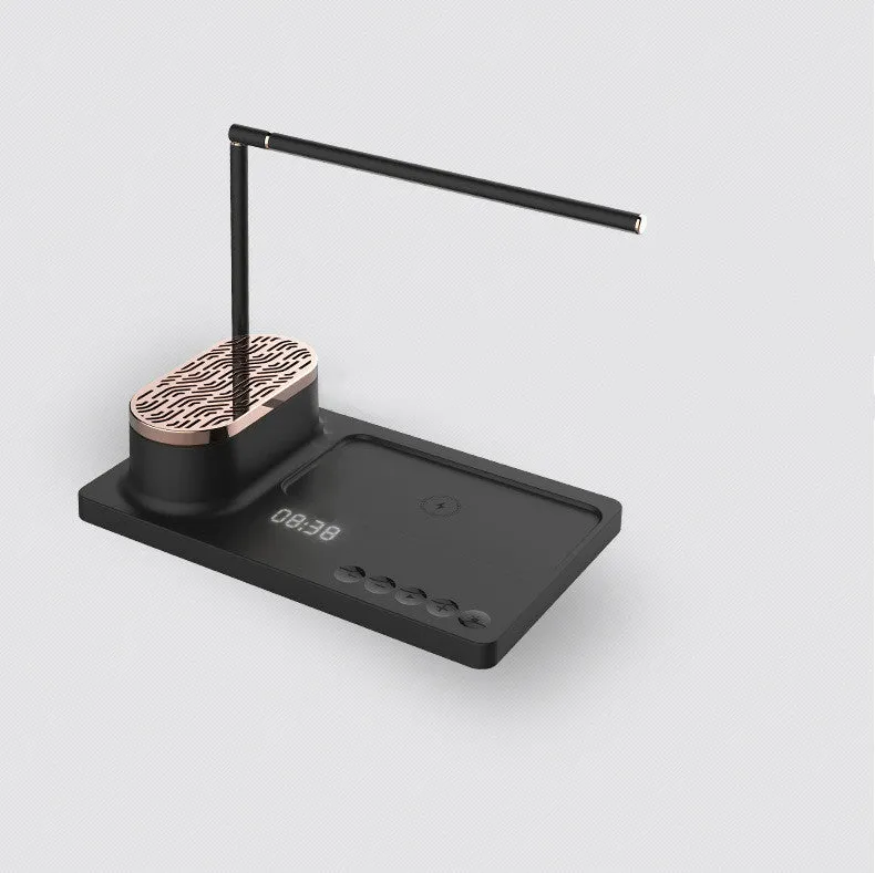 Wireless Bluetooth sound desk lamp in white, aluminium alloy and ABS, side view showing USB port