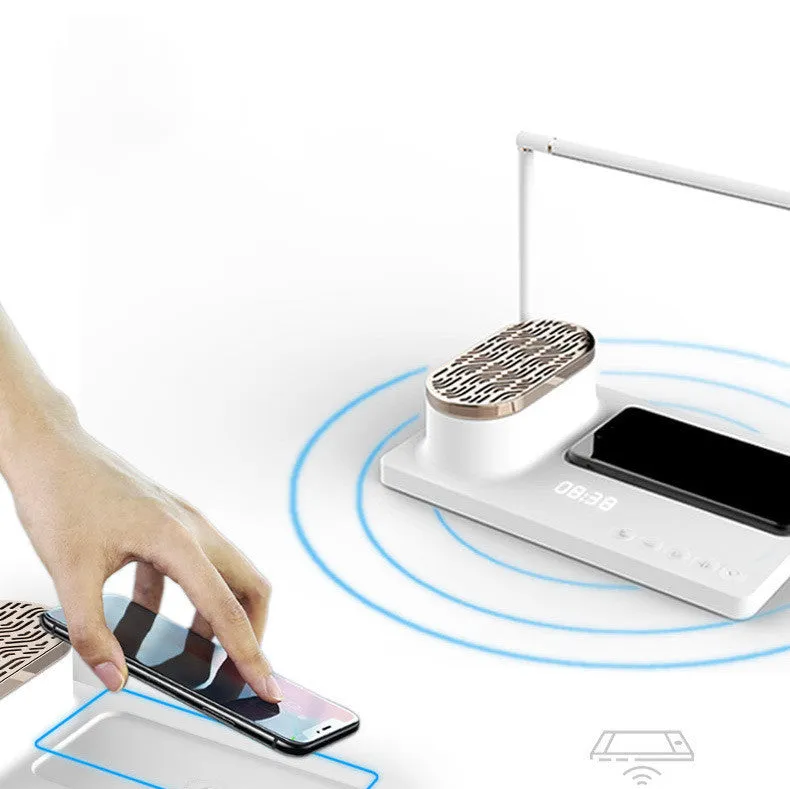 Wireless Bluetooth sound desk lamp in white, aluminium alloy and ABS, side view showing USB port