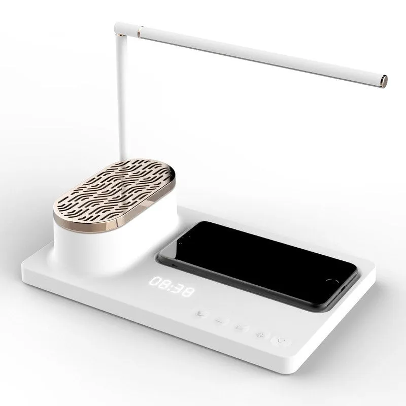 Wireless Bluetooth sound desk lamp in white, aluminium alloy and ABS, side view showing USB port