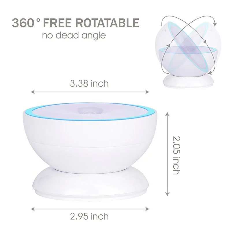 White ABS human body induction night light with 360-degree rotating LED head and magnetic base, dual colour temperature and brightness settings.
