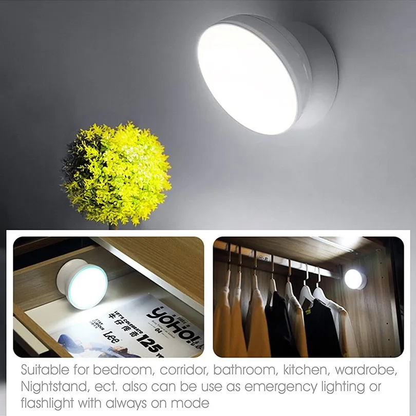 White ABS human body induction night light with 360-degree rotating LED head and magnetic base, dual colour temperature and brightness settings.