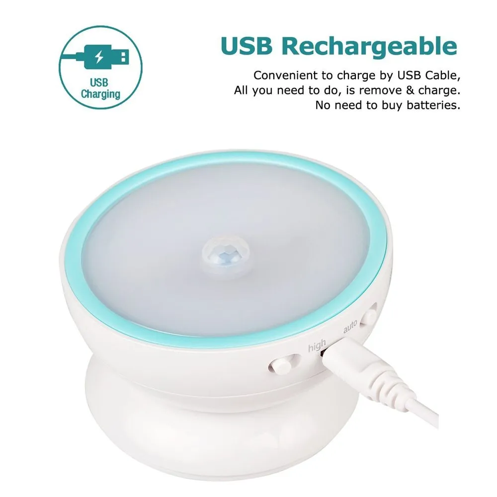White ABS human body induction night light with 360-degree rotating LED head and magnetic base, dual colour temperature and brightness settings.