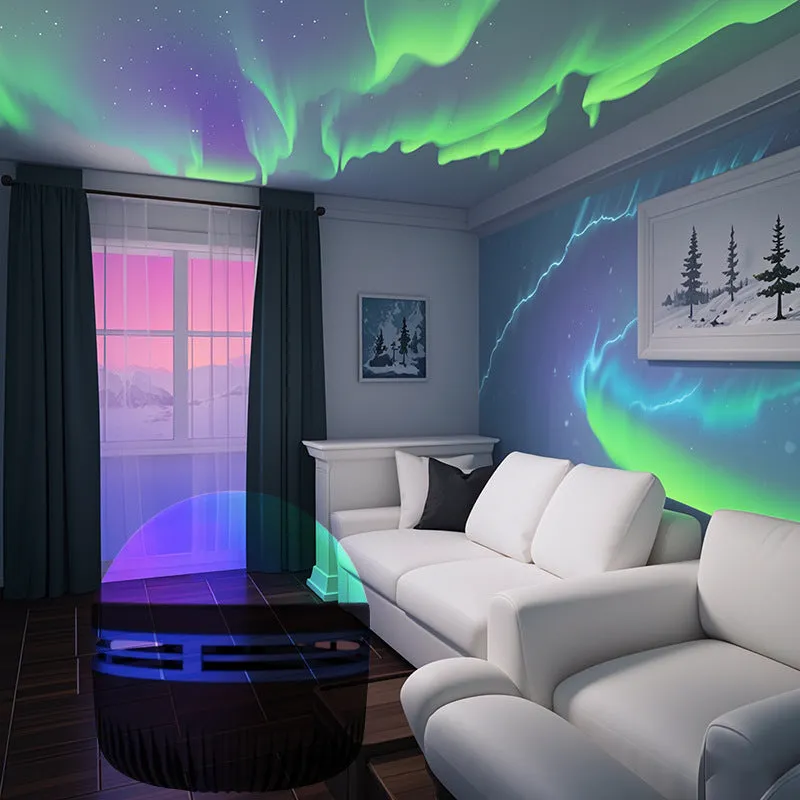 Water ripple LED projection night lamp with colourful northern lights effect on a bedside table