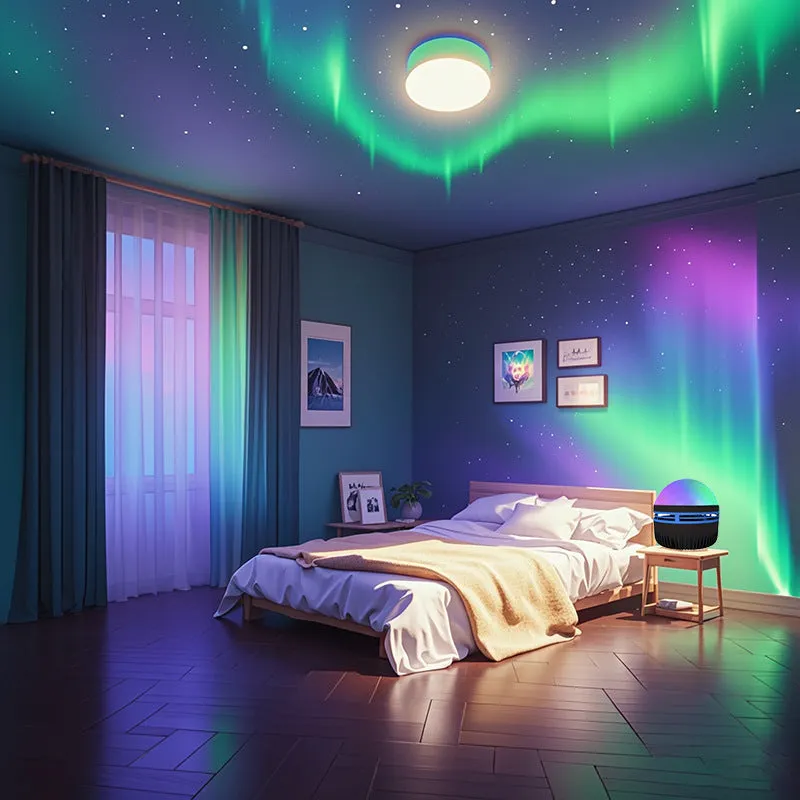 Water ripple LED projection night lamp with colourful northern lights effect on a bedside table