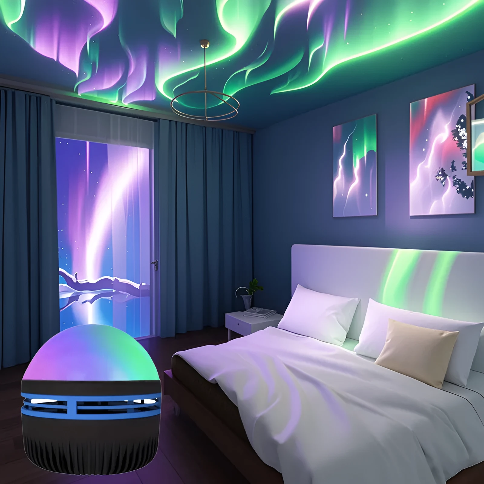 Water ripple LED projection night lamp with colourful northern lights effect on a bedside table