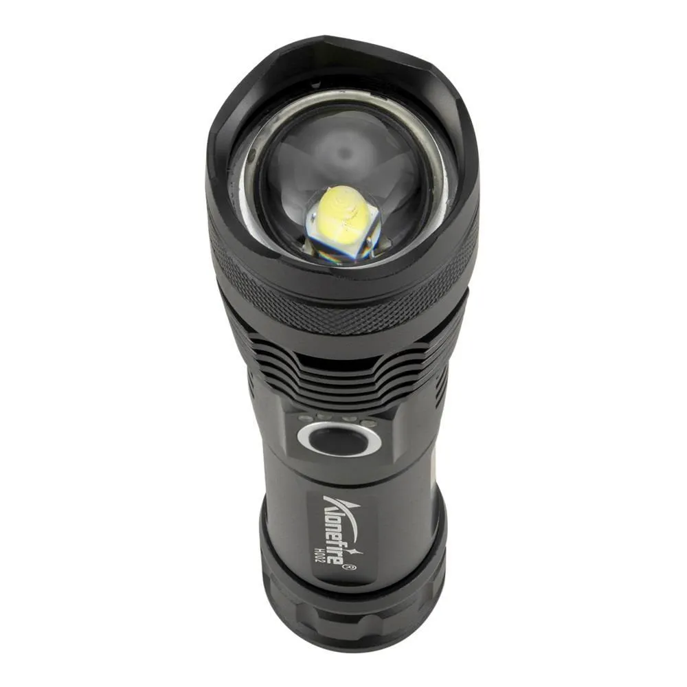 Black aluminium alloy LED flashlight with zoom lens on plain background