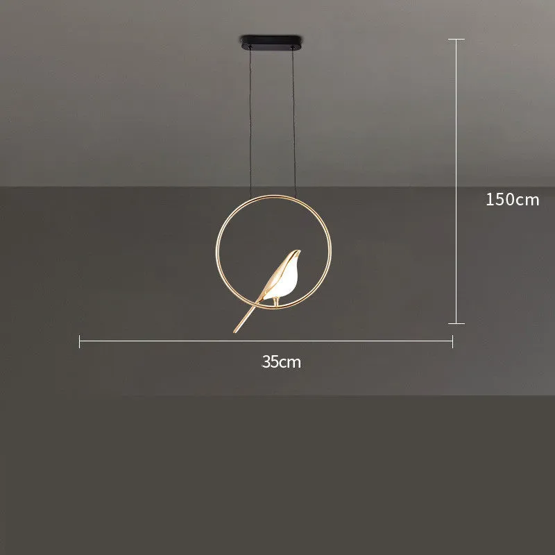 Tall modern magpie bird chandelier in zinc alloy and acrylic with neutral white LED light.