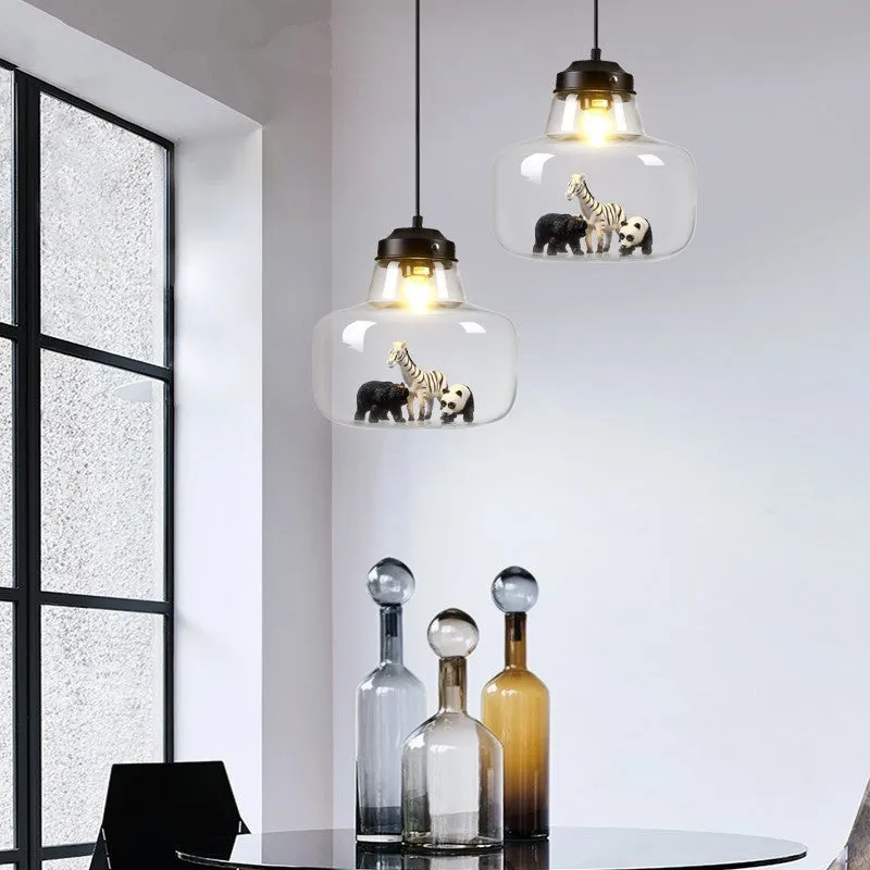 Animal cartoon glass chandelier in Nordic style with iron droplight base, available in Moon White and Charming Black