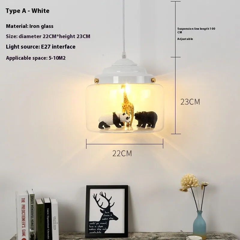 Animal cartoon glass chandelier in Nordic style with iron droplight base, available in Moon White and Charming Black