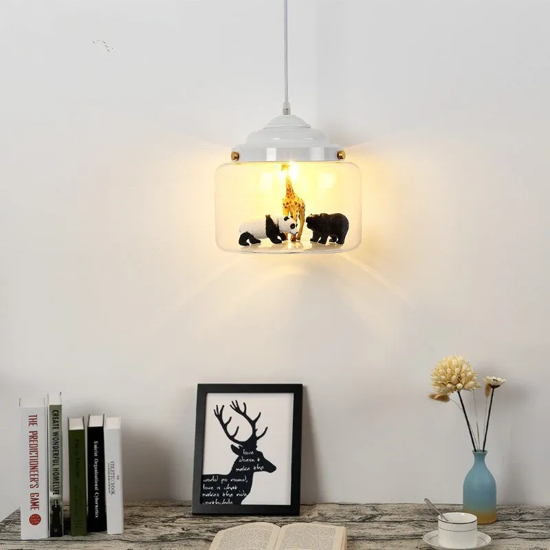 Animal cartoon glass chandelier in Nordic style with iron droplight base, available in Moon White and Charming Black