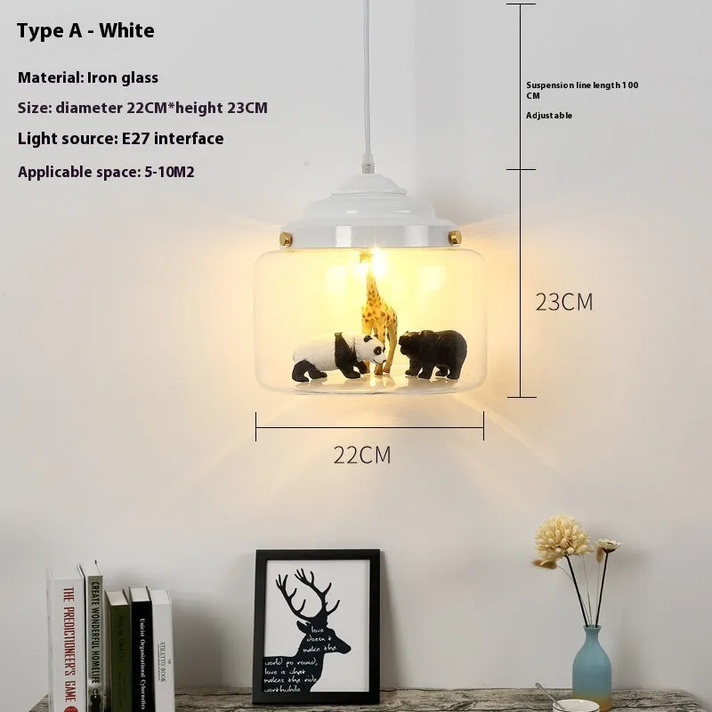 Animal cartoon glass chandelier in Nordic style with iron droplight base, available in Moon White and Charming Black