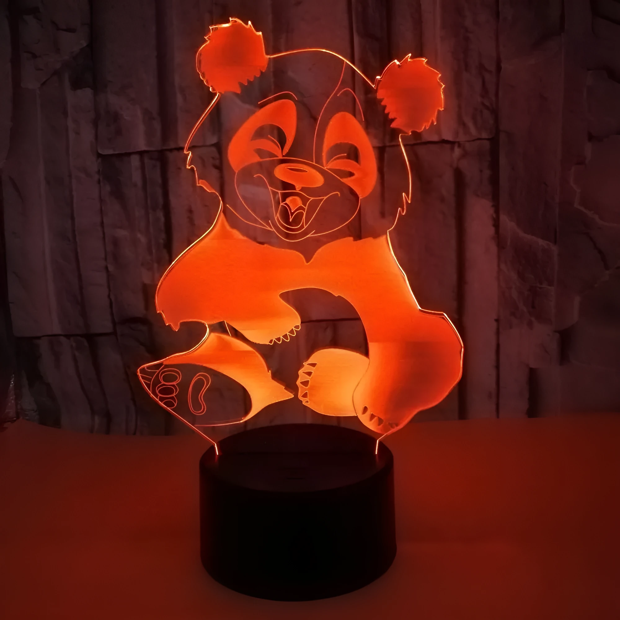 Panda 3D night light with black ABS base and clear acrylic panel showing colourful gradient lighting.