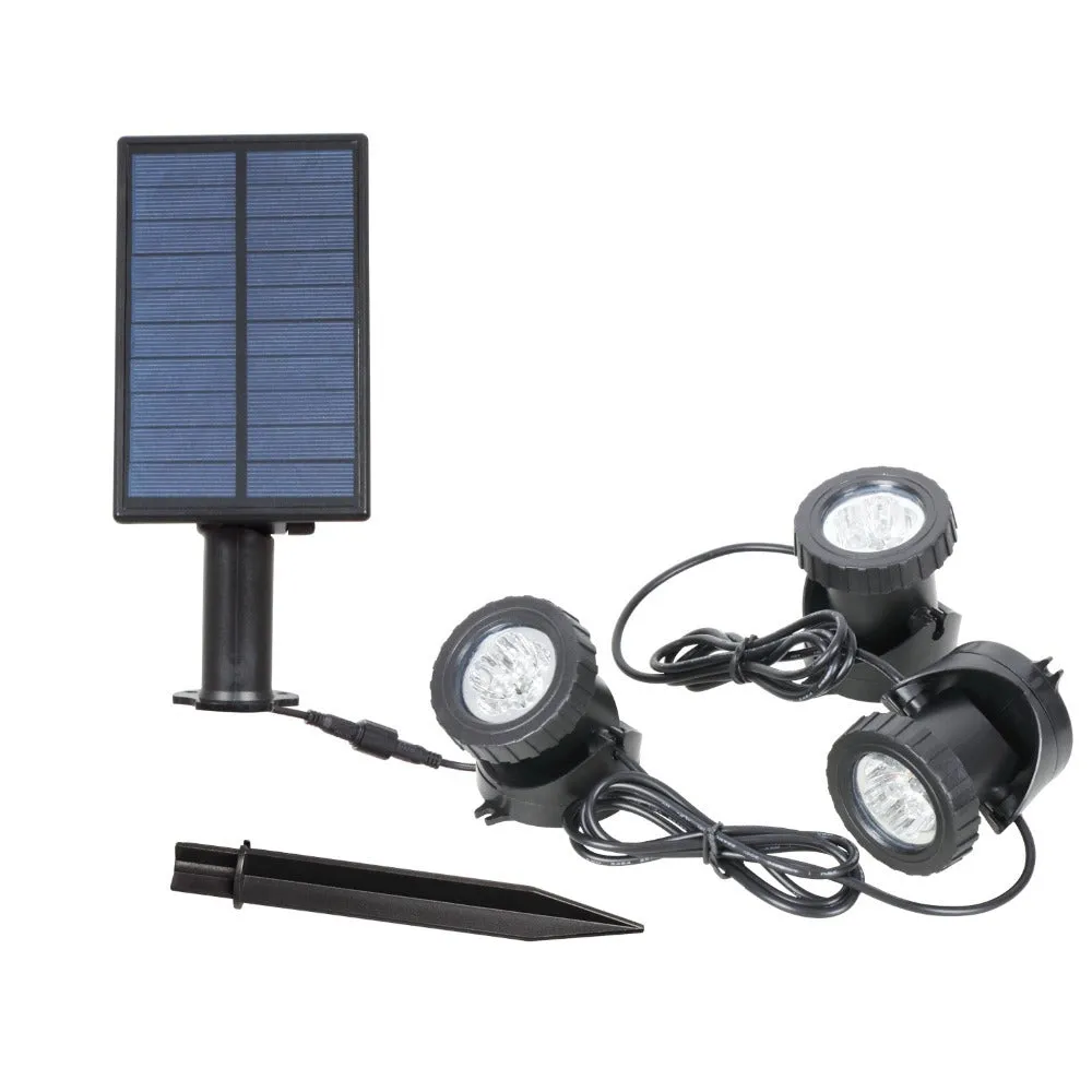 Solar underwater light set with three RGB LED lamps, black ABS housing, and polysilicon panel for garden ponds
