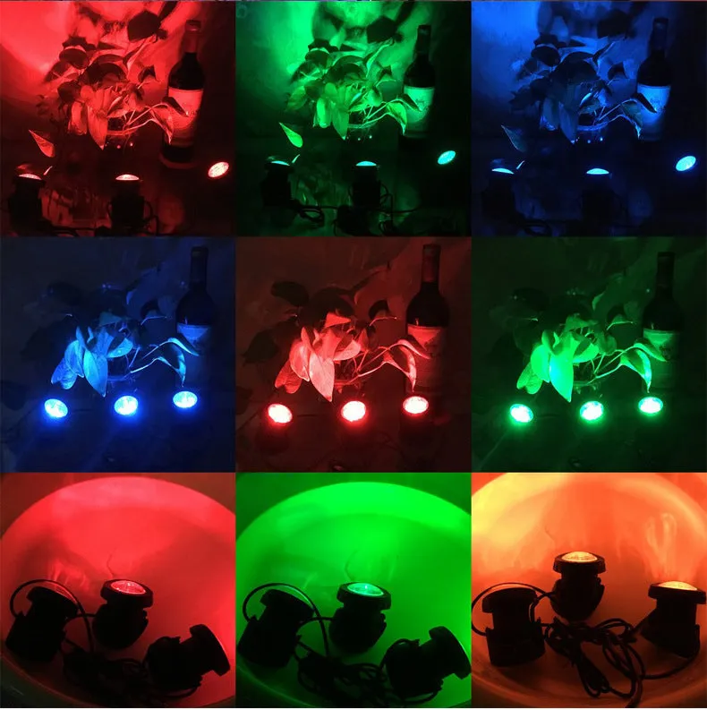 Solar underwater light set with three RGB LED lamps, black ABS housing, and polysilicon panel for garden ponds