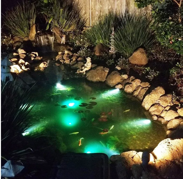 Solar underwater light set with three RGB LED lamps, black ABS housing, and polysilicon panel for garden ponds