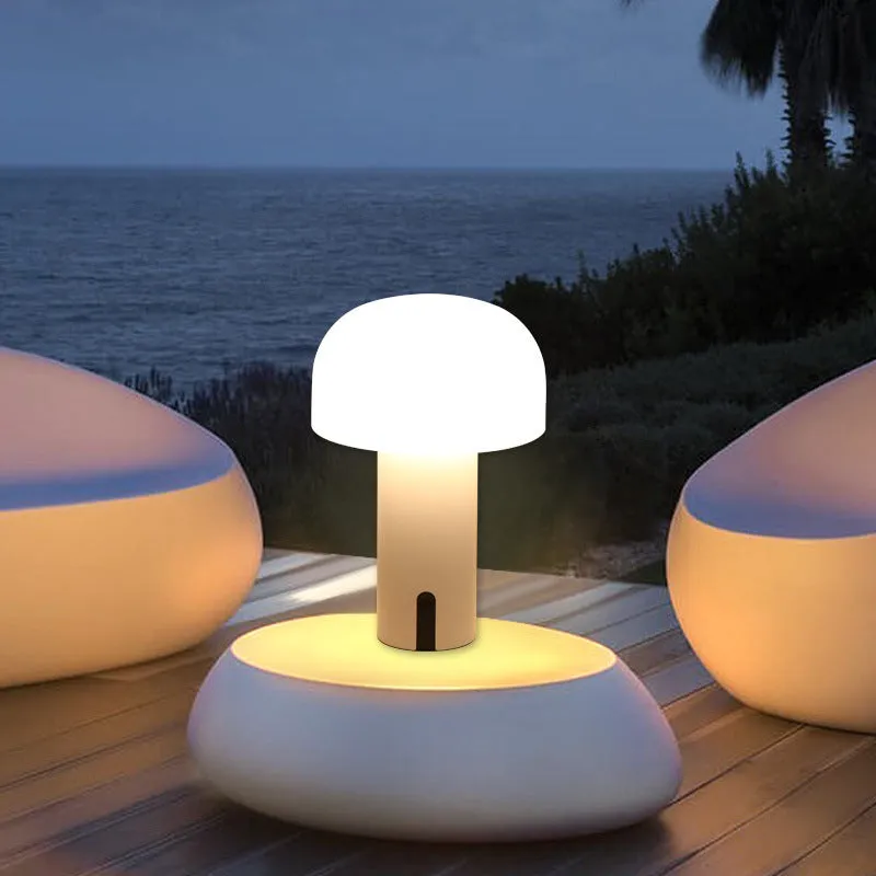 Decorative LED mushroom night light in white with warm white glow, touch switch, and USB port