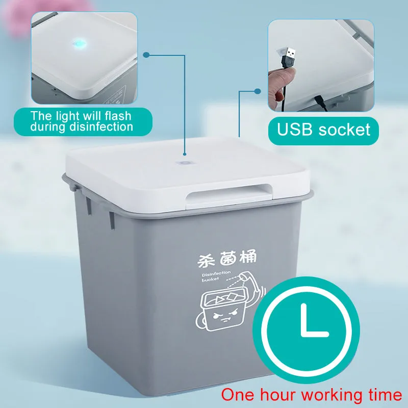 Grey UV sterilisation cabinet with 4L capacity and USB power, showing interior with phone and mask inside