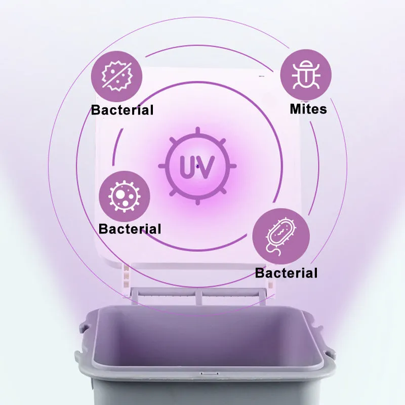 Grey UV sterilisation cabinet with 4L capacity and USB power, showing interior with phone and mask inside