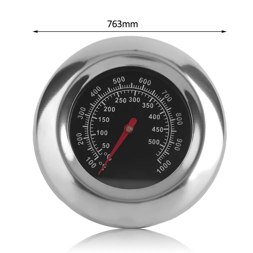 Stainless steel metal thermometer with 76mm round dial and 6x39mm probe on white background