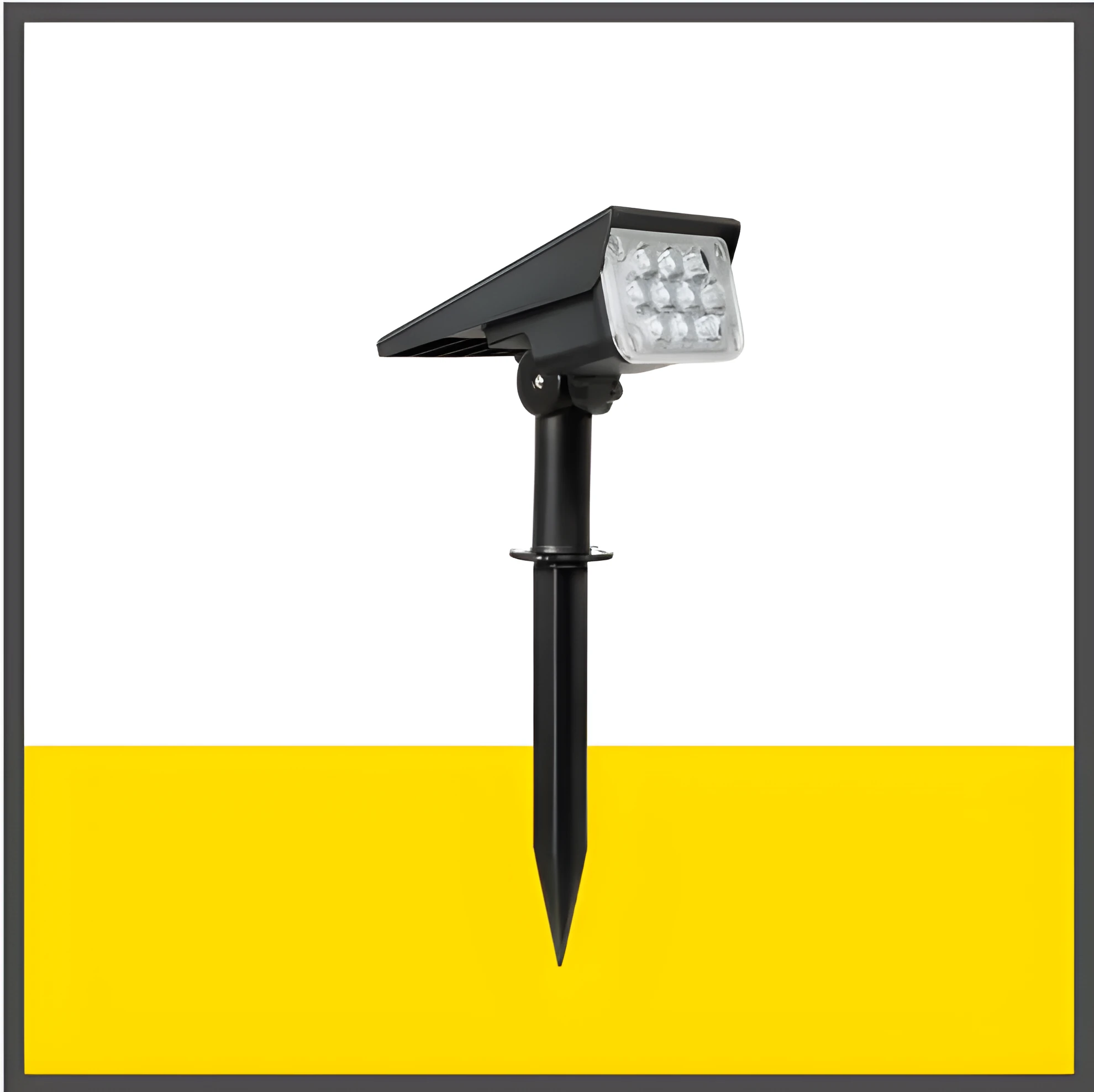 Black adjustable solar spotlight garden light with cold white 6000K LED, poly-crystalline panel, and IP65 waterproof rating