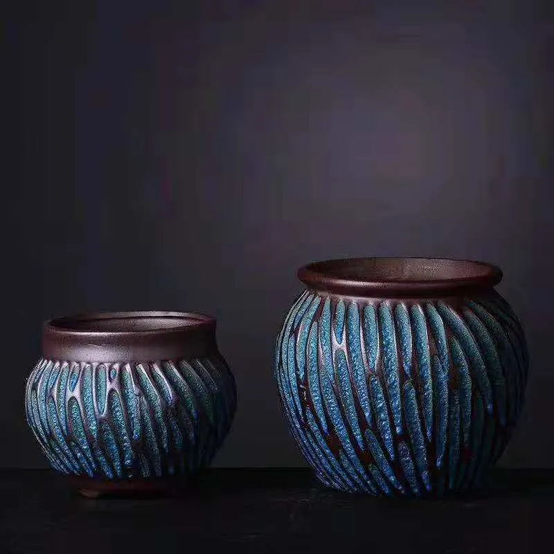 Vintage striped ceramic flower pot in brown with 7.8cm inner diameter for succulents