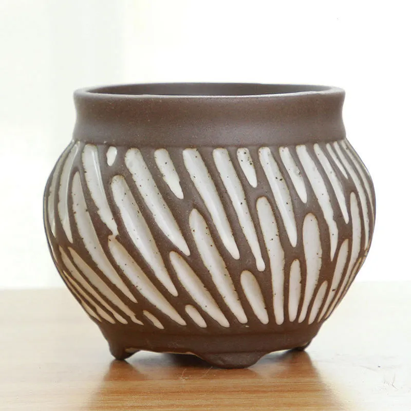 Vintage striped ceramic flower pot in brown with 7.8cm inner diameter for succulents