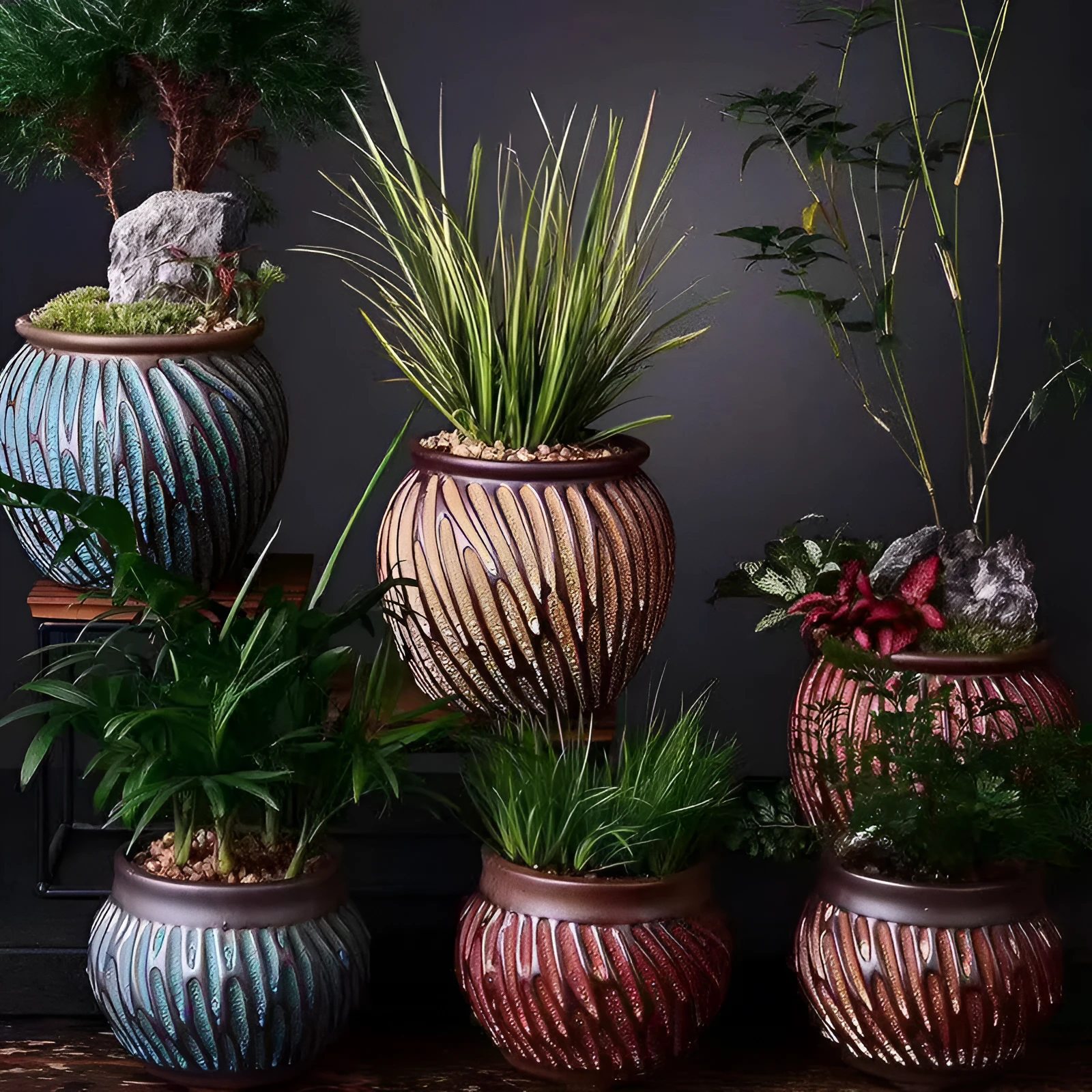 Vintage striped ceramic flower pot in brown with 7.8cm inner diameter for succulents