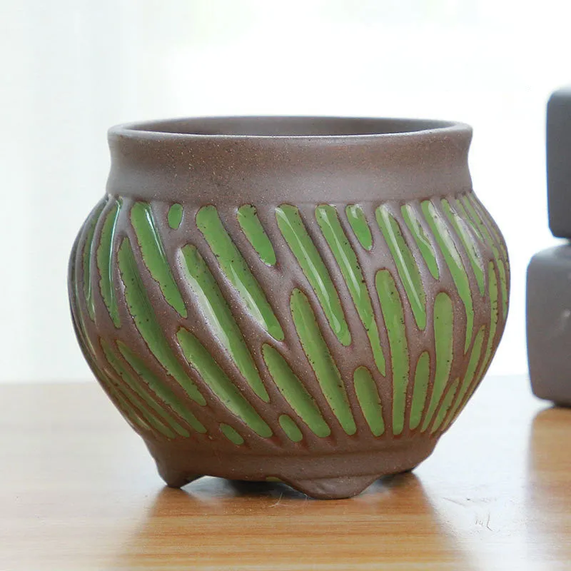 Vintage striped ceramic flower pot in brown with 7.8cm inner diameter for succulents