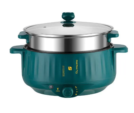 White electric hot pot with non-stick coating and stainless steel construction showing cooking functions