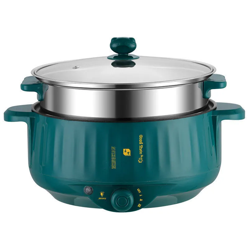 White electric hot pot with non-stick coating and stainless steel construction showing cooking functions