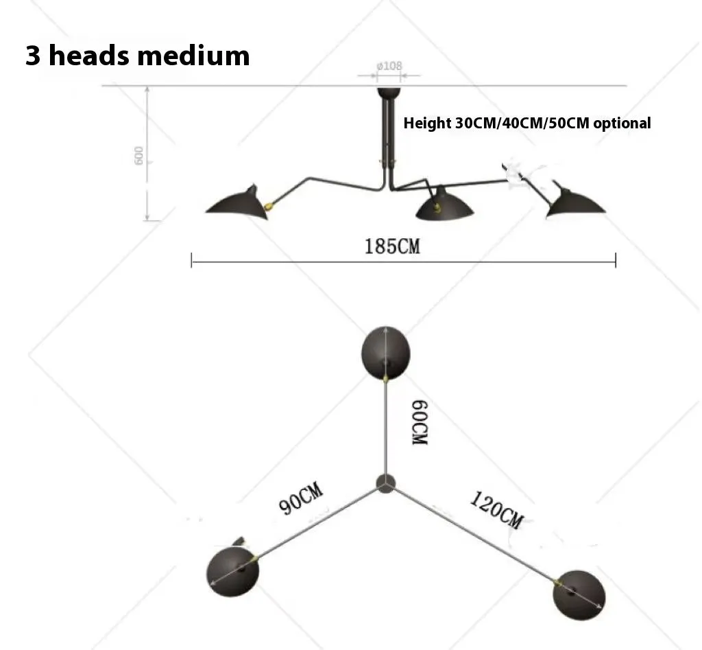 Nordic ceiling lamp with 3 heads size 185CM for bedroom or dining room warm light