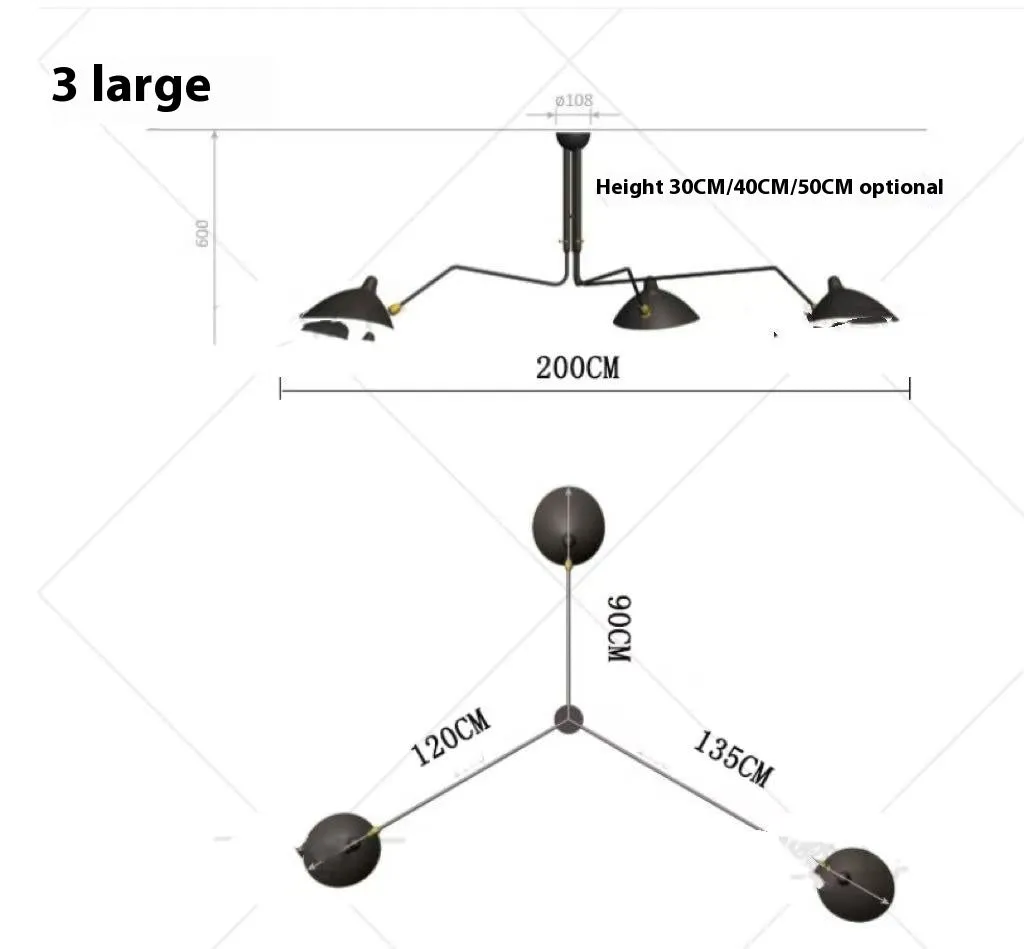 Nordic ceiling lamp with 3 heads size 185CM for bedroom or dining room warm light
