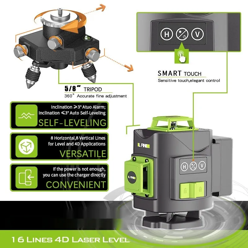 Green 16-line 3D laser level tool with nylon and aluminium housing on a work surface.
