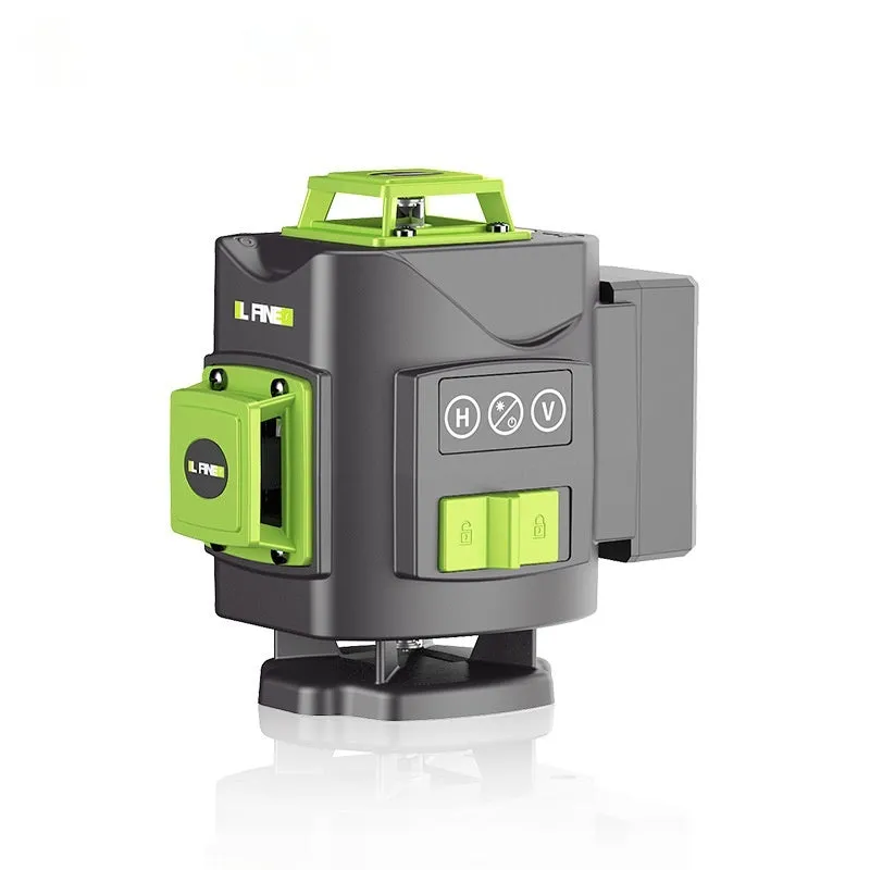 Green 16-line 3D laser level tool with nylon and aluminium housing on a work surface.
