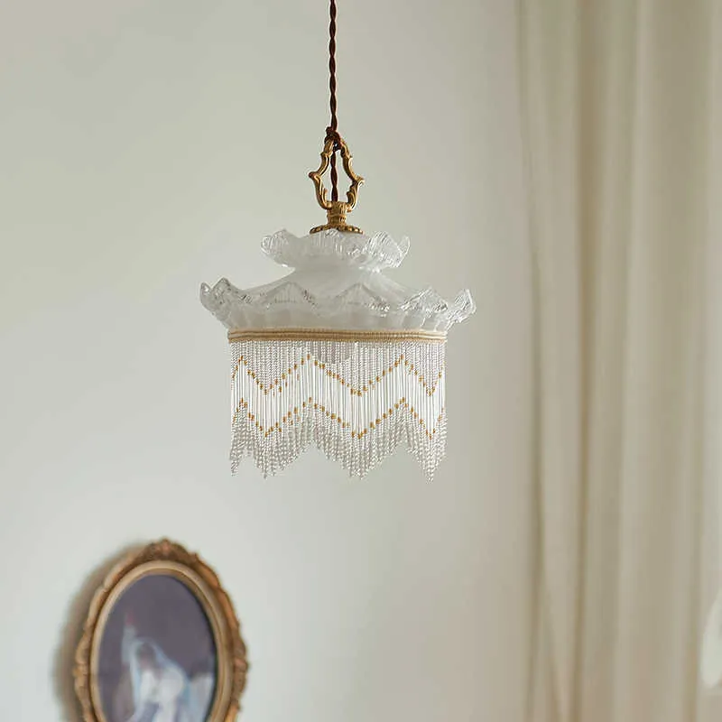 Copper and glass chandelier with tassel droplight for dining room or hallway