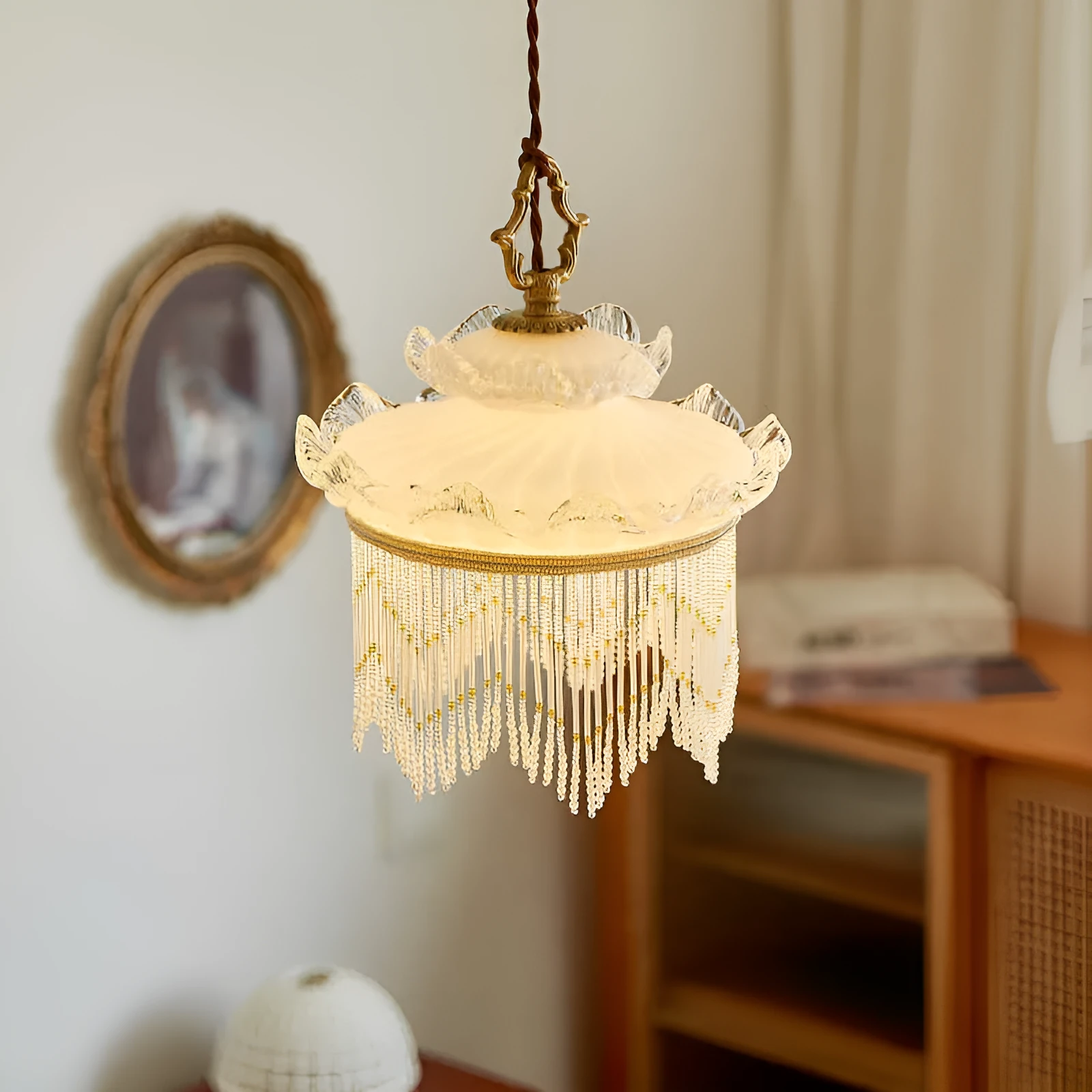 Copper and glass chandelier with tassel droplight for dining room or hallway
