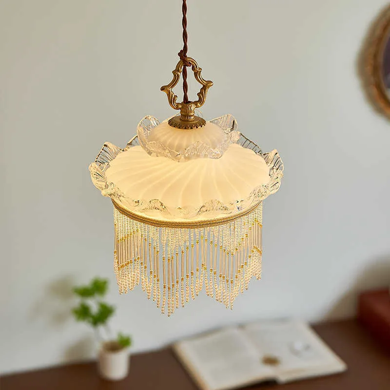 Copper and glass chandelier with tassel droplight for dining room or hallway