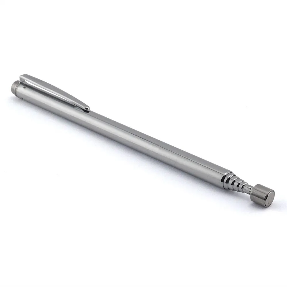 Stainless steel retractable magnetic pickup tool extended to 53cm on a workshop bench