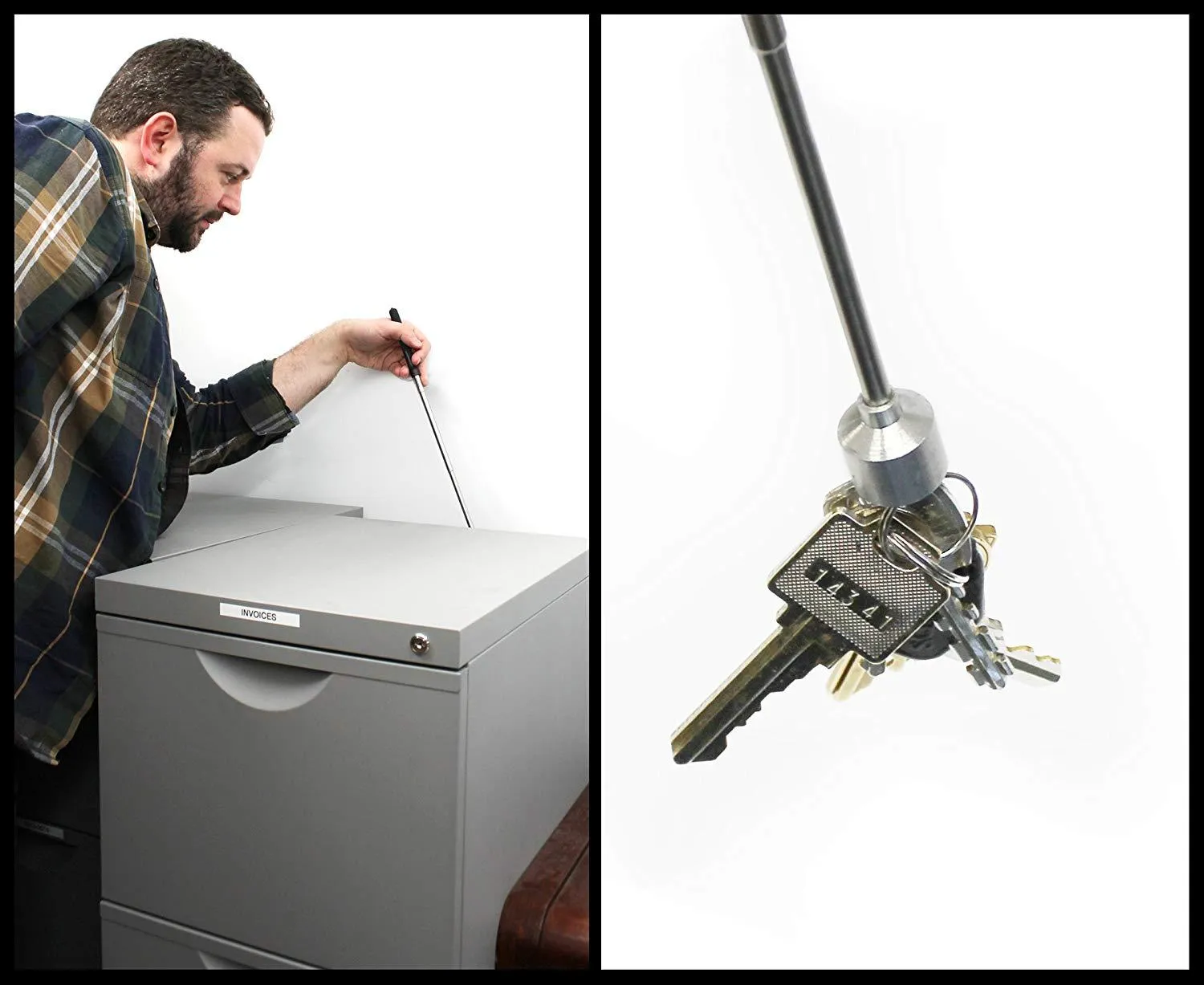 Stainless steel retractable magnetic pickup tool extended to 53cm on a workshop bench