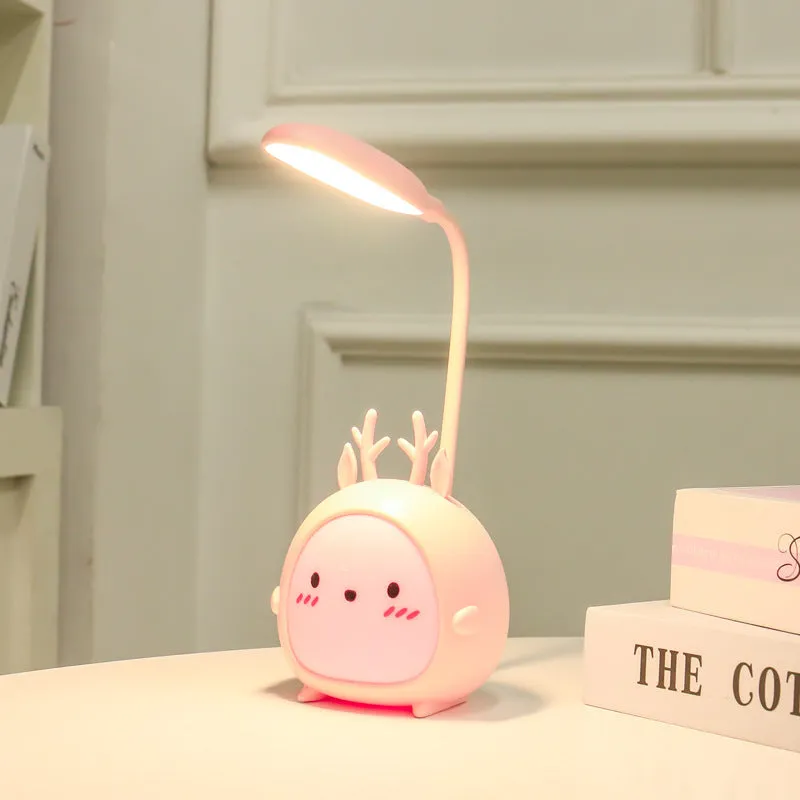 Cartoon deer USB charging folding LED reading lamp with plastic shade on desk