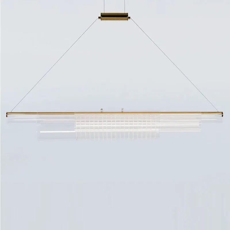 Modern clear glass pendant lamp with iron fittings hanging from a ceiling.