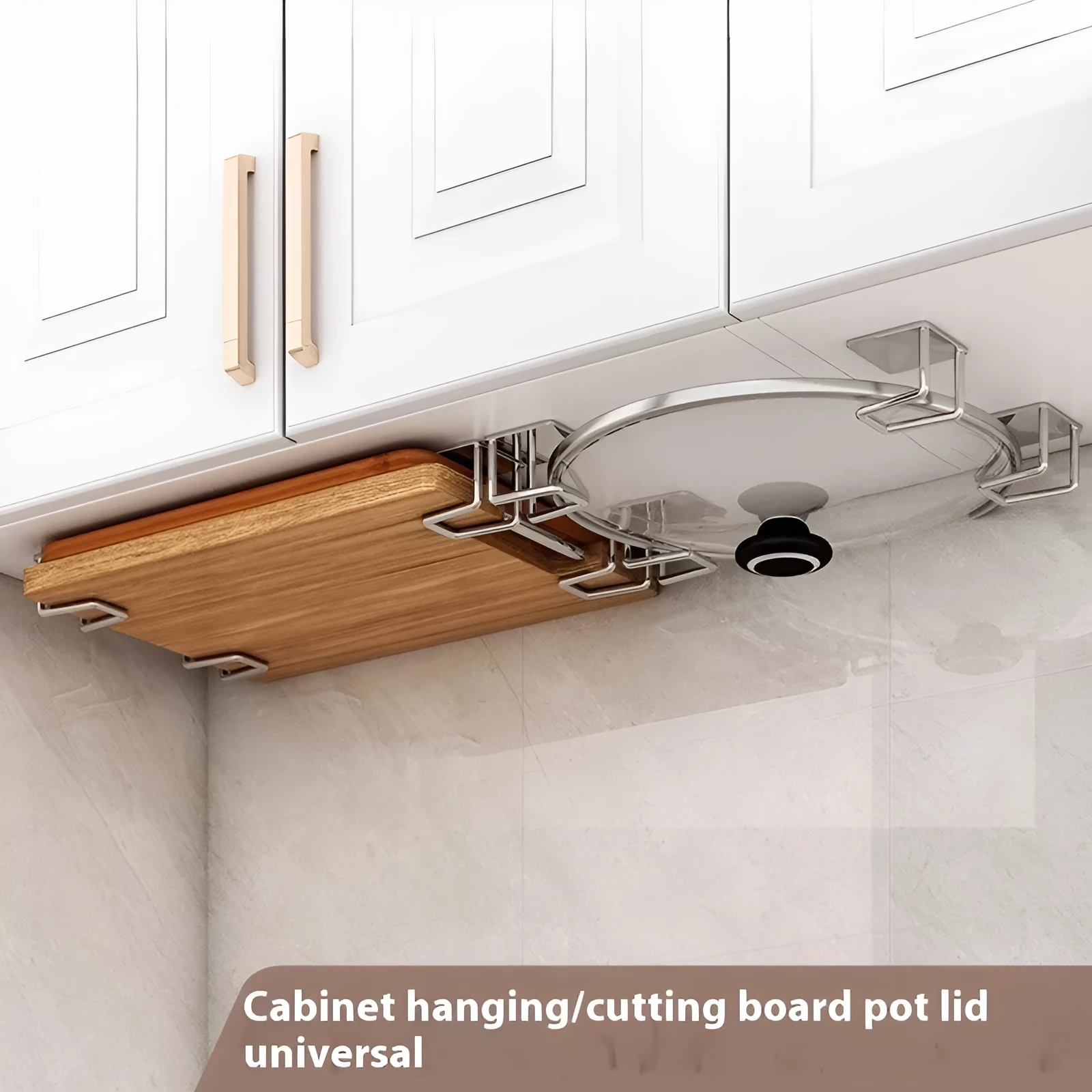 Stainless steel punch-free wall hanging pot storage rack in elegant black with adhesive backing