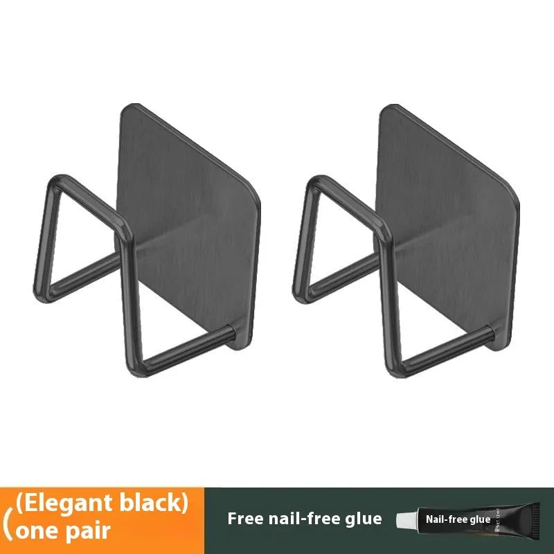 Stainless steel punch-free wall hanging pot storage rack in elegant black with adhesive backing