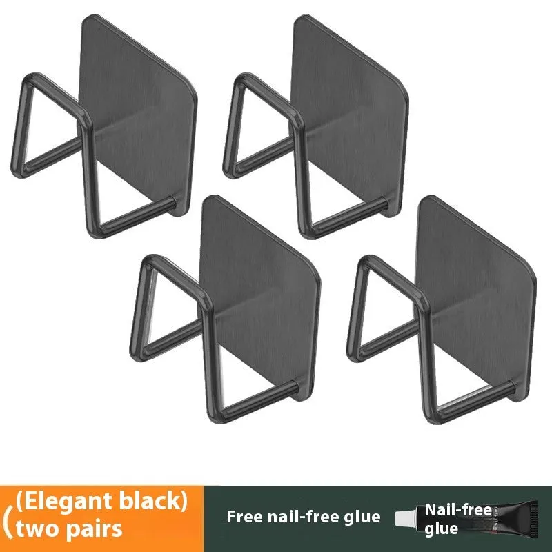 Stainless steel punch-free wall hanging pot storage rack in elegant black with adhesive backing