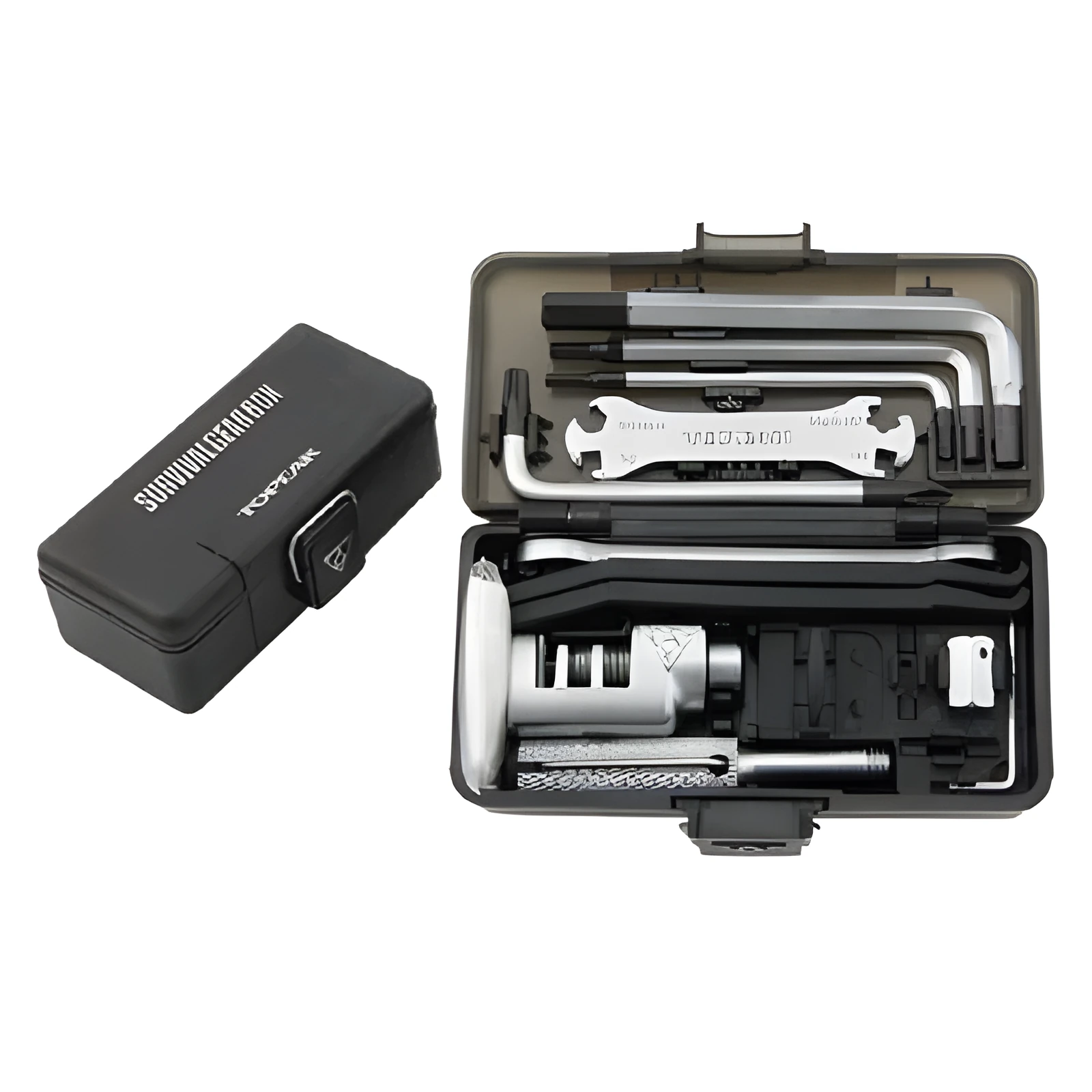 Stainless steel bicycle mountain bike repair kit with multi-tool combination equipment in black and gold finishes