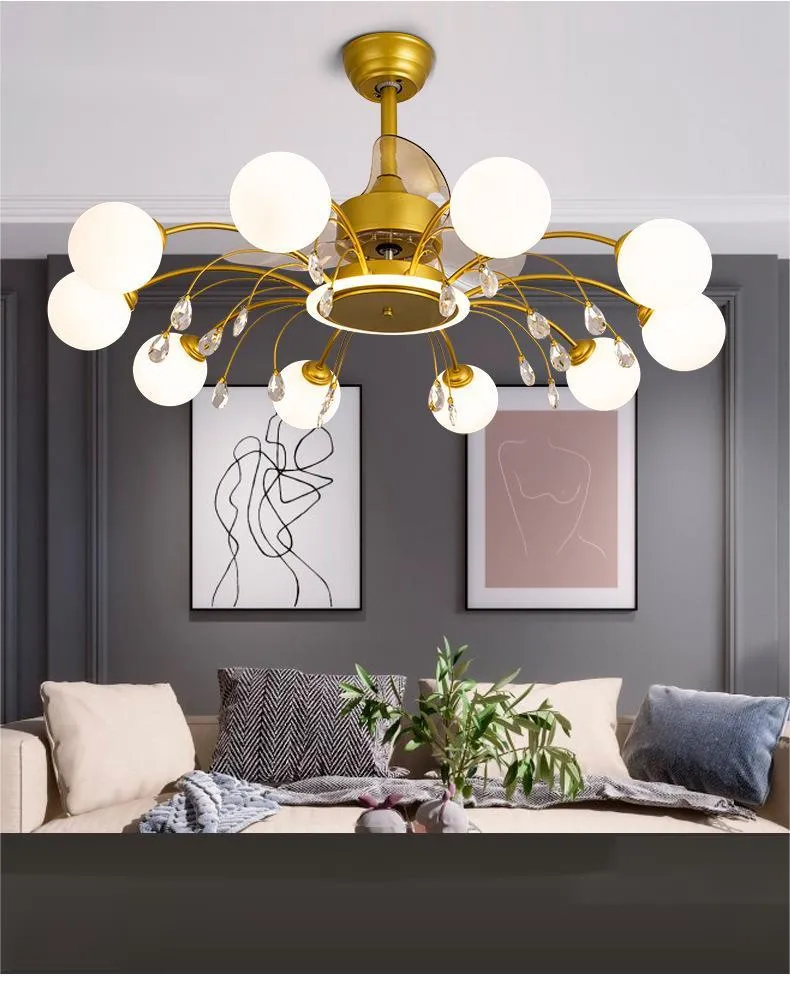 Black and gold ceiling fan lamp chandelier with acrylic shade and metal blades